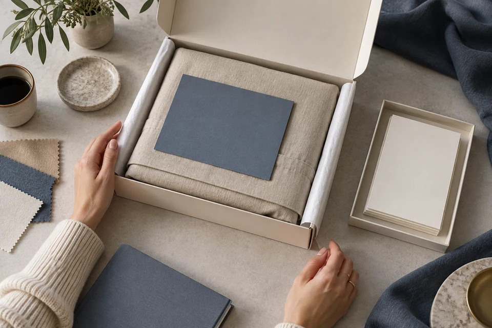 A designer reviews a blank blue insert in an open bedding box beside a separate tray of ivory cards