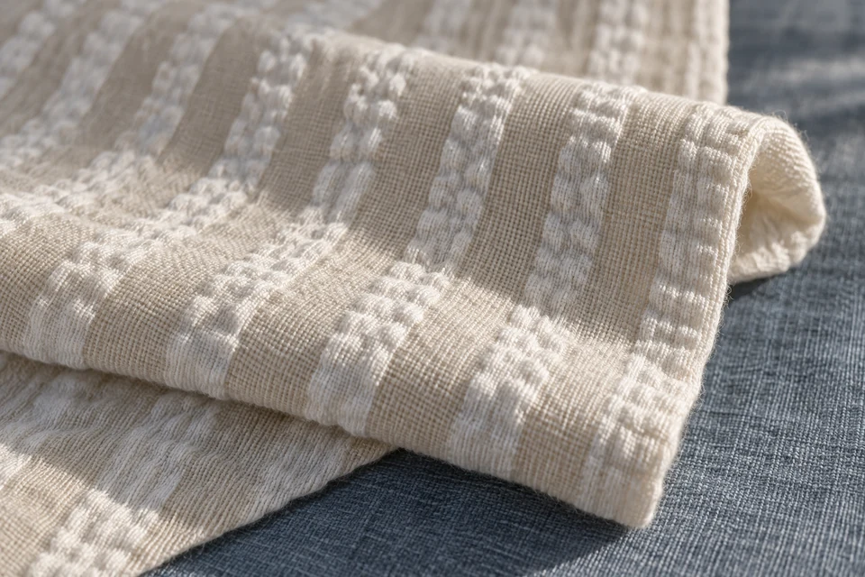 A close view of cream seersucker shows alternating raised and flatter woven bands in side light