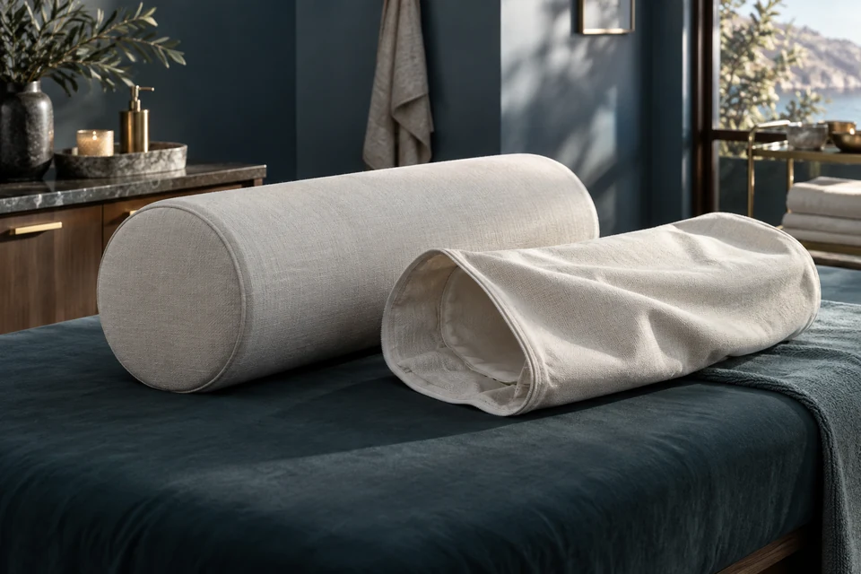 A cream cylindrical spa bolster and its separate open cover rest on a dark teal treatment bench