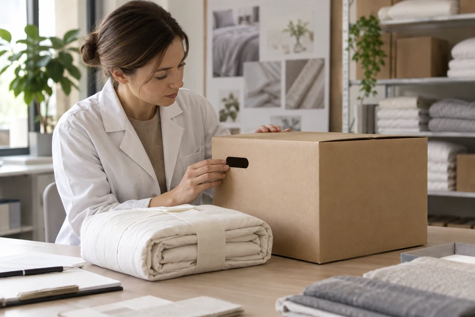 A packaging technician examines a carton handhole beside a folded ivory bedding pack on a workbench