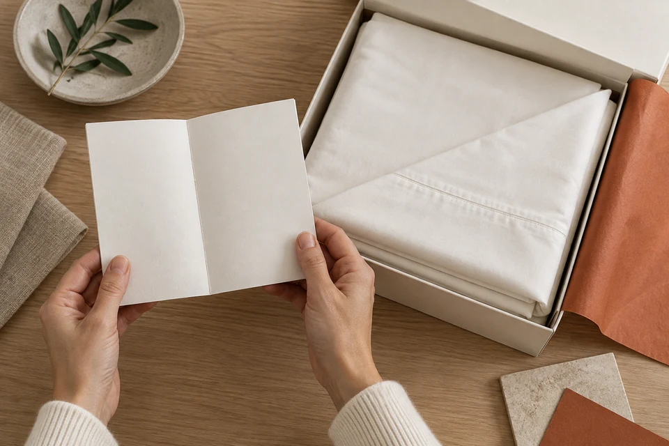 Hands hold an open unprinted booklet beside folded white bedding in a presentation box