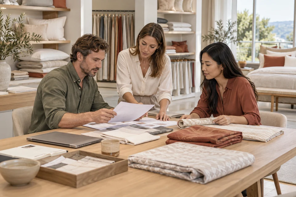 Three procurement professionals compare paper order records and folded textile samples at a showroom table