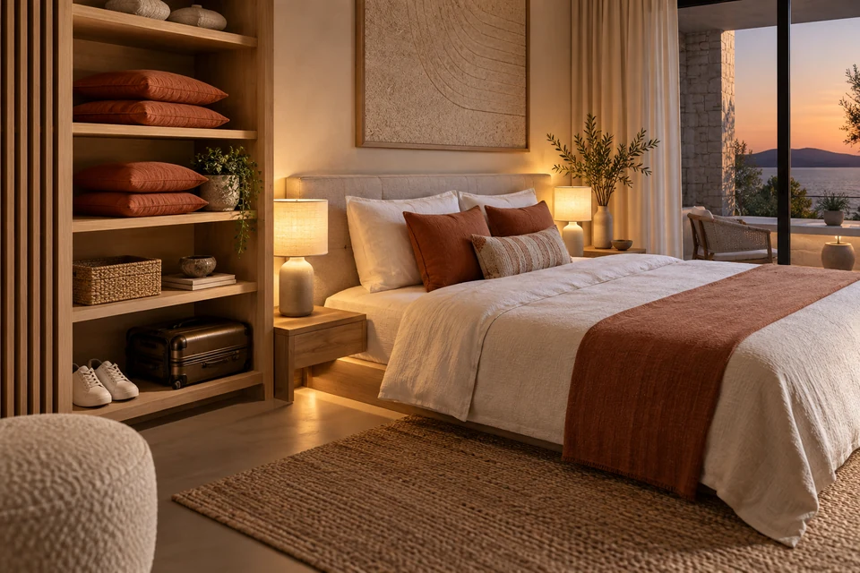 Terracotta cushions stored on dedicated shelves beside a dressed bed in a warmly lit guest room