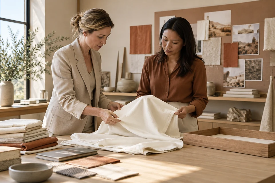 Two contemporary textile designers review an ivory sample beside an empty archive tray in a studio