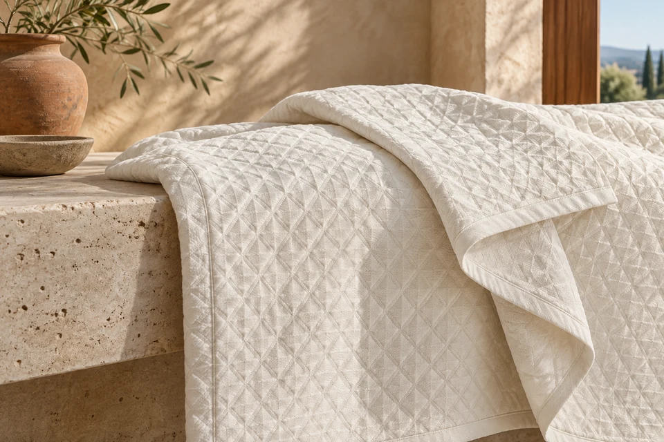 A fine ivory matelasse coverlet with raised diamond relief draped over pale stone in side light