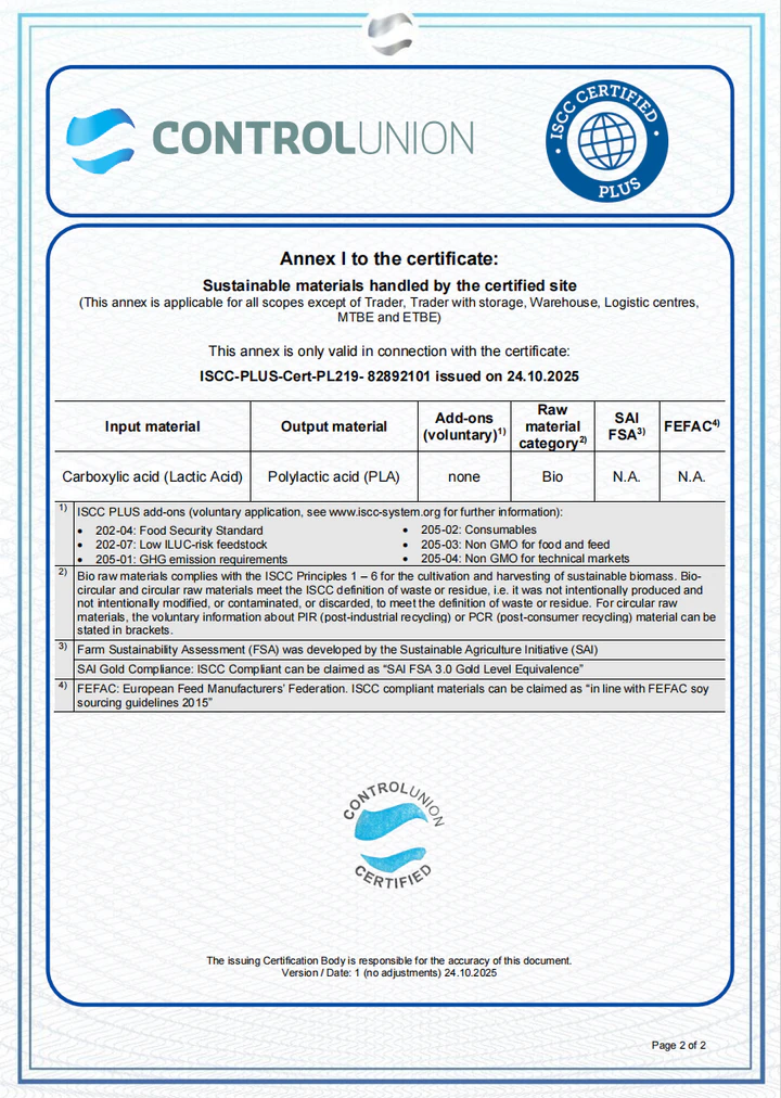 Page 2 annex to the NatureWorks LLC ISCC PLUS certificate listing lactic acid input and polylactic acid output