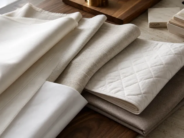 Ivory textile swatches showing smooth fabric and layered quilting