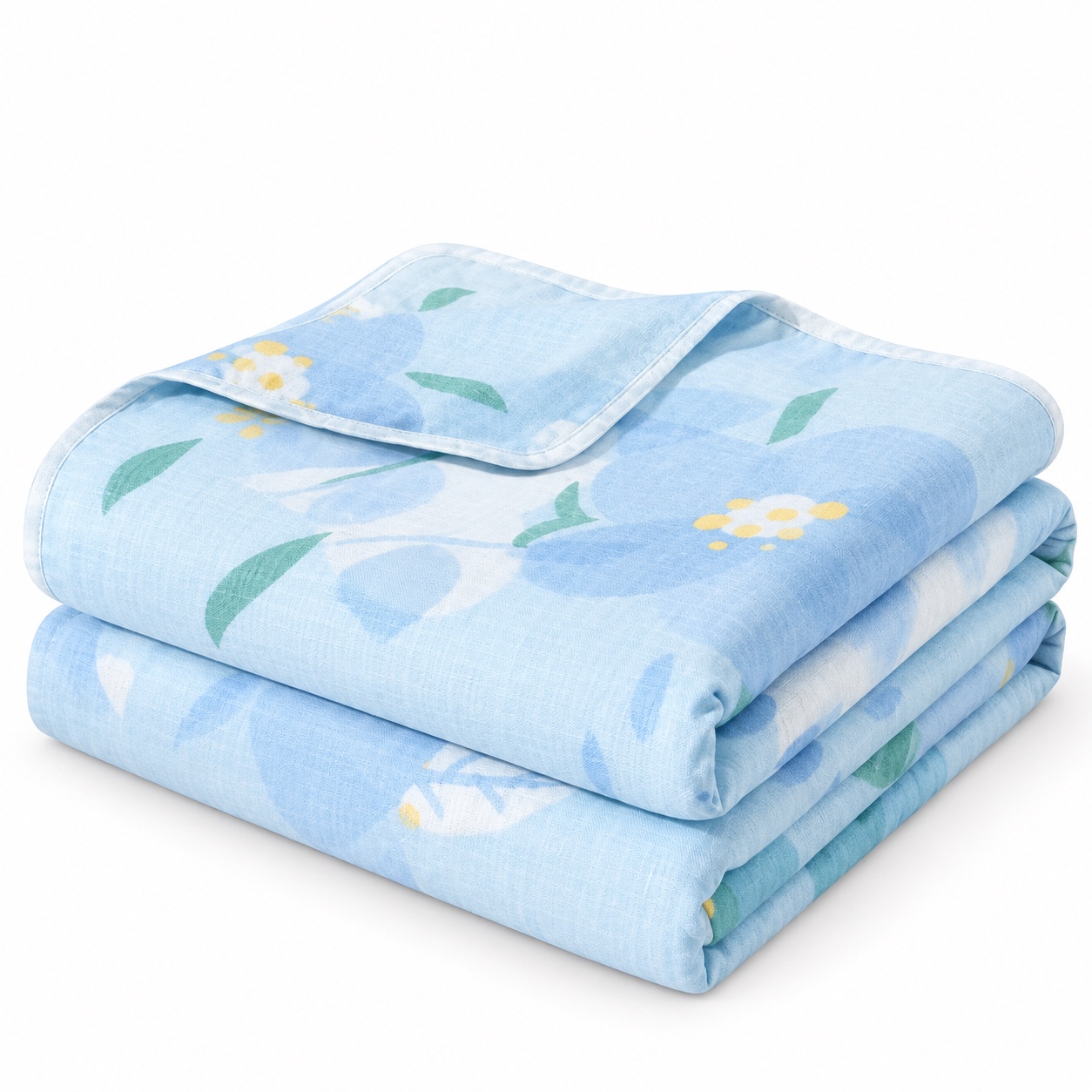 Blue Blossom Gauze-Style Blanket — white-background view (development reference)